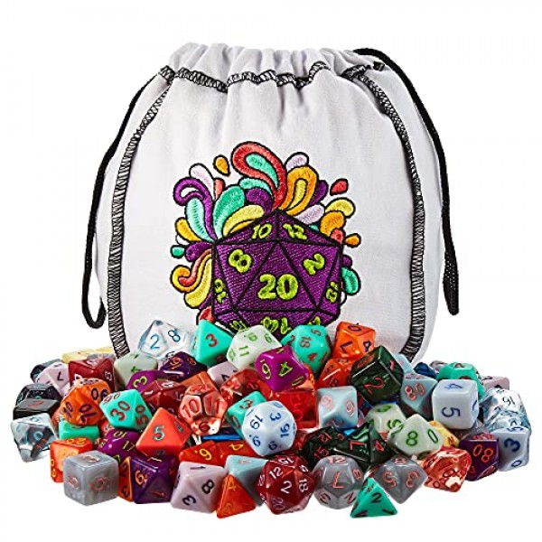 Wiz Dice Bag of Splendor - 20개 세트의 140개 다면체 주사위 - 자수 주사위 가방에 담긴 시리즈 IV 주사위 전체 컬렉션 - TTRPG 롤플레잉 대량 탁상용 RPG 게임 액세서리 - D20 D6 D4