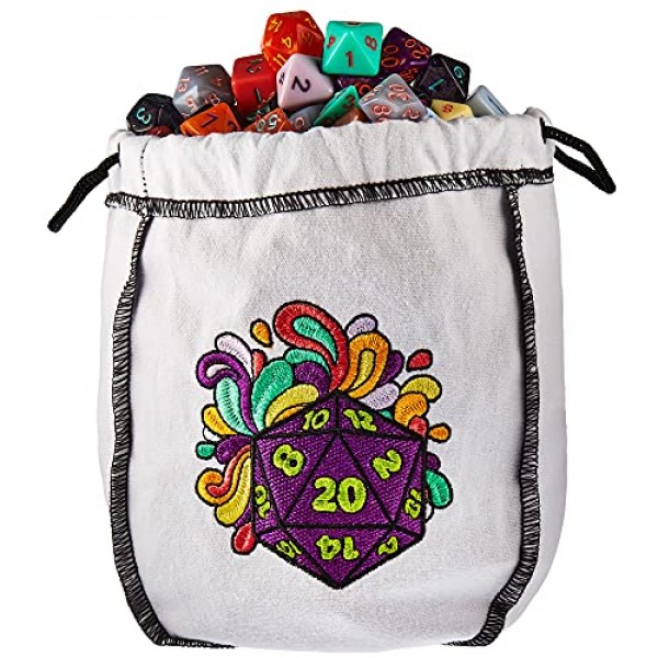 Wiz Dice Bag of Splendor - 20개 세트의 140개 다면체 주사위 - 자수 주사위 가방에 담긴 시리즈 IV 주사위 전체 컬렉션 - TTRPG 롤플레잉 대량 탁상용 RPG 게임 액세서리 - D20 D6 D4
