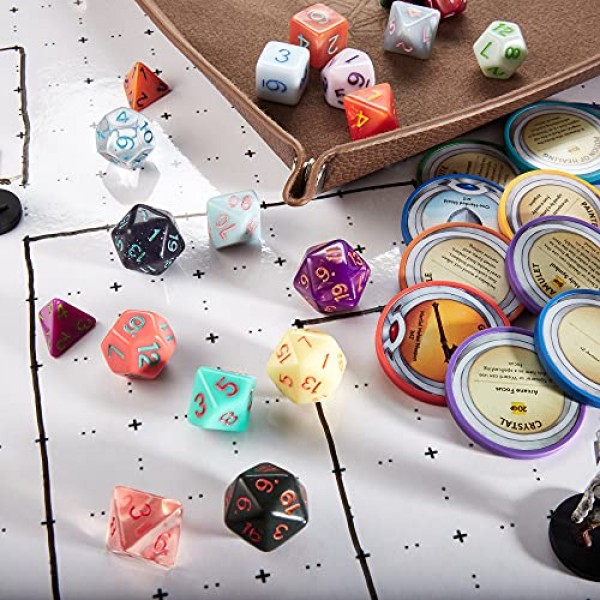 Wiz Dice Bag of Splendor - 20개 세트의 140개 다면체 주사위 - 자수 주사위 가방에 담긴 시리즈 IV 주사위 전체 컬렉션 - TTRPG 롤플레잉 대량 탁상용 RPG 게임 액세서리 - D20 D6 D4