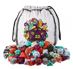 Wiz Dice Bag of Splendor - 20개 세트의 140개 다면체 주사위 - 자수 주사위 가방에 담긴 시리즈 IV 주사위 전체 컬렉션 - TTRPG 롤플레잉 대량 탁상용 RPG 게임 액세서리 - D20 D6 D4