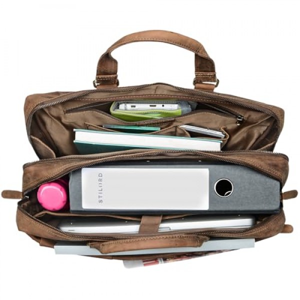 STILORD 'Nico' 빈티지 숄더백 가죽 남성 여성 15.6인치 노트북 가방 대형 서류가방 업무용 사무용 일반 정품 소가죽 - 미디엄 - 브라운, 사이즈: l