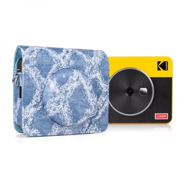 MUZIRI KINOKOO Kodak C300R 케이스는 충전기 컷아웃으로 업그레이드되었습니다. Kodak C300R 미니 샷 3용 PU 가죽 데님 패턴 보호 케이스 Shoudler 스트랩이 있는 2-in-1 즉석 카메라 