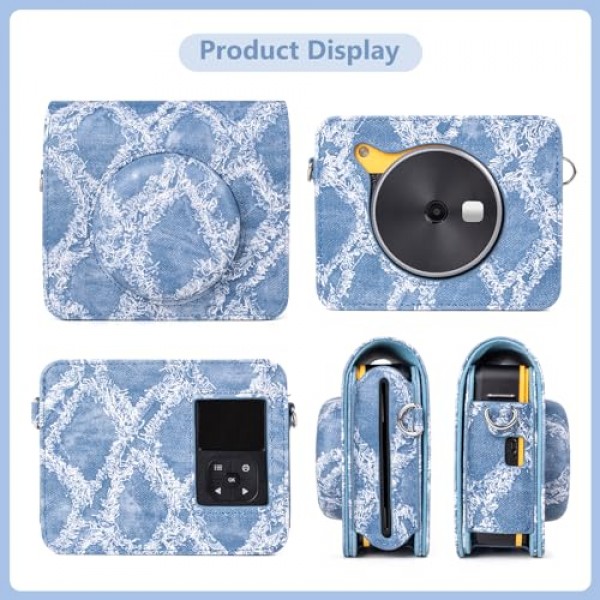 MUZIRI KINOKOO Kodak C300R 케이스는 충전기 컷아웃으로 업그레이드되었습니다. Kodak C300R 미니 샷 3용 PU 가죽 데님 패턴 보호 케이스 Shoudler 스트랩이 있는 2-in-1 즉석 카메라 