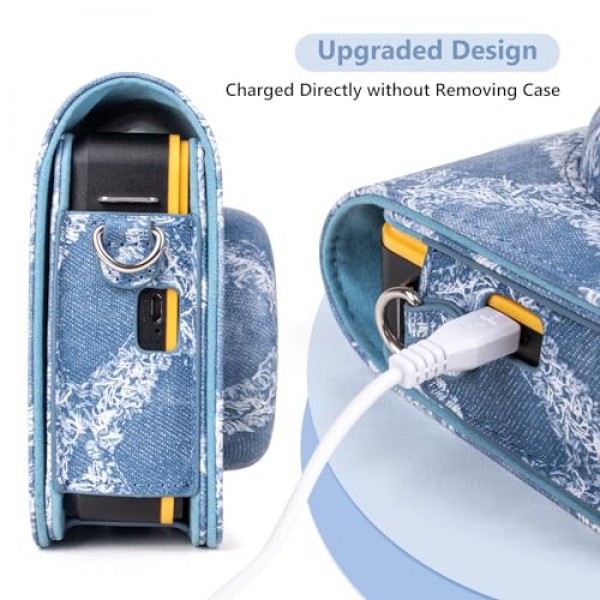 MUZIRI KINOKOO Kodak C300R 케이스는 충전기 컷아웃으로 업그레이드되었습니다. Kodak C300R 미니 샷 3용 PU 가죽 데님 패턴 보호 케이스 Shoudler 스트랩이 있는 2-in-1 즉석 카메라 