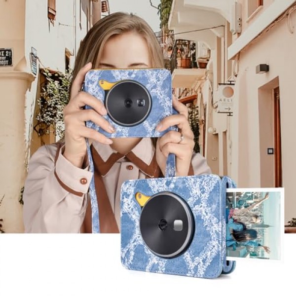 MUZIRI KINOKOO Kodak C300R 케이스는 충전기 컷아웃으로 업그레이드되었습니다. Kodak C300R 미니 샷 3용 PU 가죽 데님 패턴 보호 케이스 Shoudler 스트랩이 있는 2-in-1 즉석 카메라 