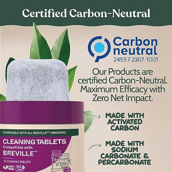 로비 브레빌 에스프레소 머신 청소 및 유지관리 키트. 브레빌 클리닝 태블릿 52개와 정수 필터 6개가 포함되어 있습니다. 탄소 중립. 1년 공급.