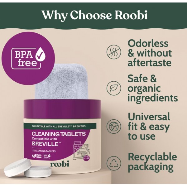 로비 브레빌 에스프레소 머신 청소 및 유지관리 키트. 브레빌 클리닝 태블릿 52개와 정수 필터 6개가 포함되어 있습니다. 탄소 중립. 1년 공급.