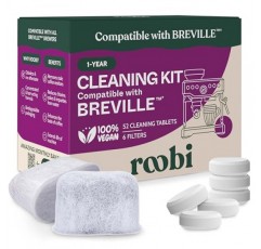 로비 브레빌 에스프레소 머신 청소 및 유지관리 키트. 브레빌 클리닝 태블릿 52개와 정수 필터 6개가 포함되어 있습니다. 탄소 중립. 1년 공급.