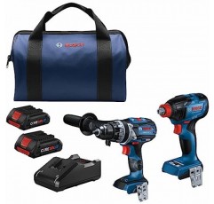 BOSCH GXL18V-227B25 18V 2도구 콤보 키트(연결 가능 투인원 1/4인치 포함) 비트/소켓 임팩트 드라이버/렌치, 1/2인치 해머 드릴/드라이버 및 (2) CORE18V® 4 Ah 고급 전원 배터리