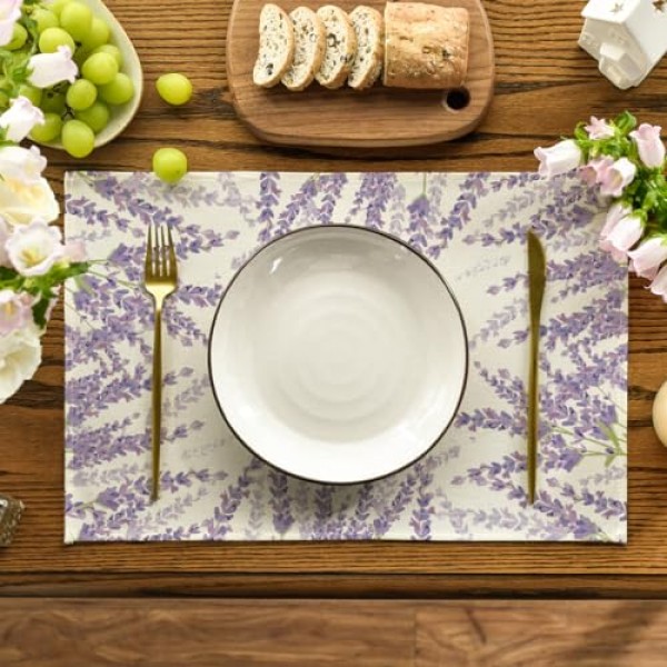 Artoid 모드 식탁용 라벤더 스프링 플레이스 매트, 12 x 18 인치 여름 계절 휴일 장식 소박한 빈티지 세탁 가능 테이블 매트 4개 세트
