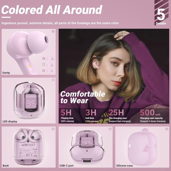 ACEFAST T6 Bluetooth 헤드폰 인이어, 듀얼 마이크가 장착된 무선 AI 통화 헤드폰, HiFi 스테레오 사운드용 컴포지트 오디오 드라이버, 재생 시간이 25시간인 노이즈 캔슬링 무