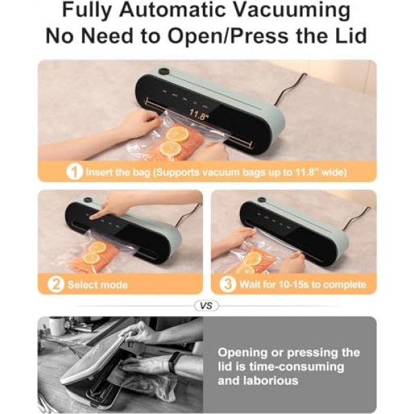 CROWNFUL 진공 실러 기계, 건식 및 습윤 모드가 포함된 자동 원터치 작동 식품 실러, 내장 절단기, 외부 흡입 튜브, 탈착식 드립 트레이, 롤 1개 및 사전 절단된 백 5개(녹