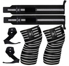 SWOLLHOUSE 무릎 랩 + 손목 랩 + 역도용 역도 스트랩 번들(3쌍) 보디빌딩 근력 훈련 운동 체육관, 남성 및 여성용 피트니스 보호 세트