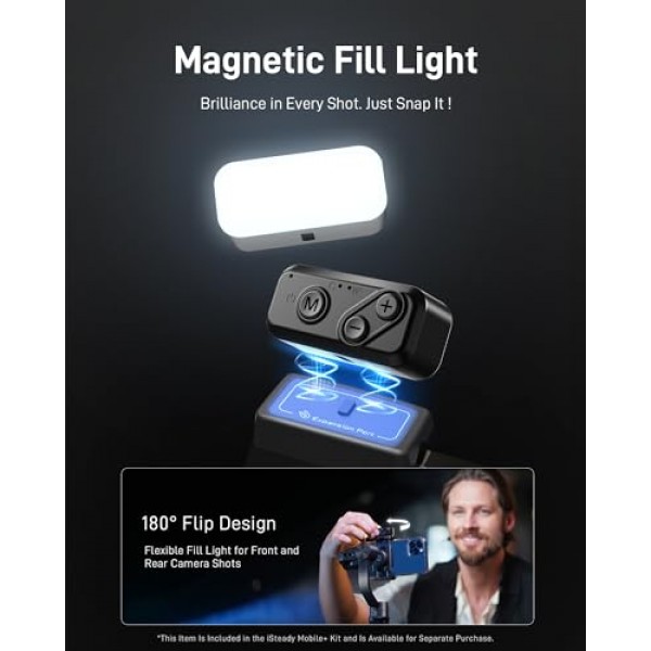 hohem iSteady Mobile+ 키트 스마트폰용 짐벌 안정기, 필 라이트가 있는 3축 휴대폰 짐벌, 초광각 모드, 600° 시작, Android 및 iPhone 15,14,13 PRO Max용 YouTube Vlog 안정기