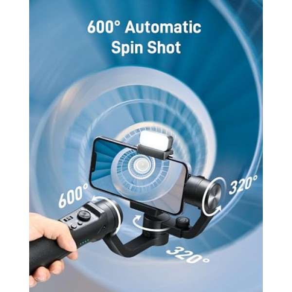 hohem iSteady Mobile+ 키트 스마트폰용 짐벌 안정기, 필 라이트가 있는 3축 휴대폰 짐벌, 초광각 모드, 600° 시작, Android 및 iPhone 15,14,13 PRO Max용 YouTube Vlog 안정기