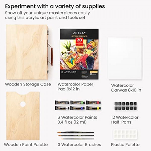 Arteza 수채화 물감 키트, 24개, 생생한 수채화 18개, 수채화 브러쉬 3개, 수채화 용지 패드 및 캔버스, 목재 보관 케이스, 화가용 미술 용품