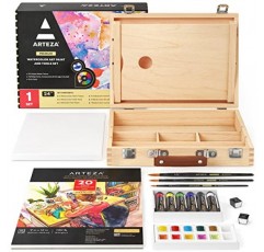 Arteza 수채화 물감 키트, 24개, 생생한 수채화 18개, 수채화 브러쉬 3개, 수채화 용지 패드 및 캔버스, 목재 보관 케이스, 화가용 미술 용품