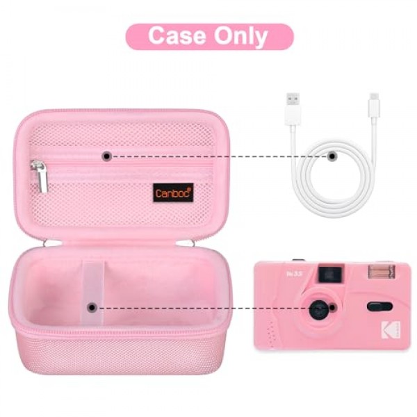 KODAK EKTAR H35/ H35N/ M35/ F9/ M38 하프 프레임 필름 카메라용 Canboc 휴대용 여행용 케이스, 포인트 앤 샷 카메라 가방, 필름에 맞는 지퍼 메쉬 포켓, 배터리, USB 케이블, 핑크(