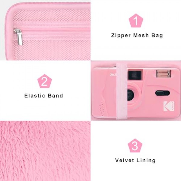 KODAK EKTAR H35/ H35N/ M35/ F9/ M38 하프 프레임 필름 카메라용 Canboc 휴대용 여행용 케이스, 포인트 앤 샷 카메라 가방, 필름에 맞는 지퍼 메쉬 포켓, 배터리, USB 케이블, 핑크(