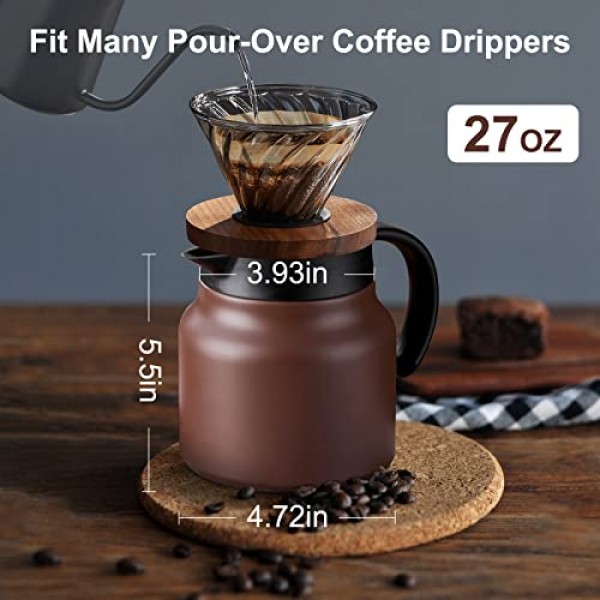 세라믹 라이너가 포함된 PARACITY 열 커피 카라페/차 주전자 27 OZ, 뜨거운 음료용 탈착식 스테인레스 스틸 필터가 있는 소형 커피 보온병 여행, 이중벽 절연 커피 투수