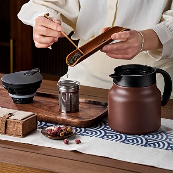 세라믹 라이너가 포함된 PARACITY 열 커피 카라페/차 주전자 27 OZ, 뜨거운 음료용 탈착식 스테인레스 스틸 필터가 있는 소형 커피 보온병 여행, 이중벽 절연 커피 투수