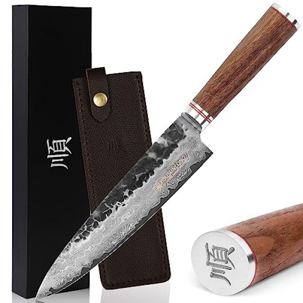 YOUSUNLONG 셰프 나이프 8인치 - 일본 해머드 다마스커스 강철 전문 주방 나이프 - 면도날 날카로운 - 가죽 칼집이 있는 미국 호두나무 손잡이