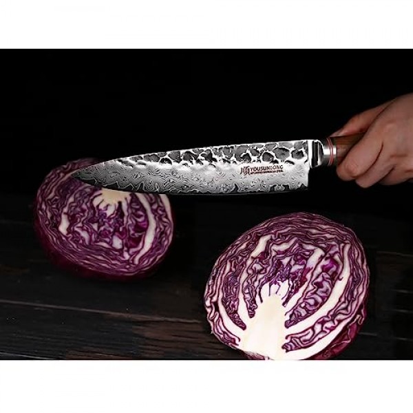 YOUSUNLONG 셰프 나이프 8인치 - 일본 해머드 다마스커스 강철 전문 주방 나이프 - 면도날 날카로운 - 가죽 칼집이 있는 미국 호두나무 손잡이