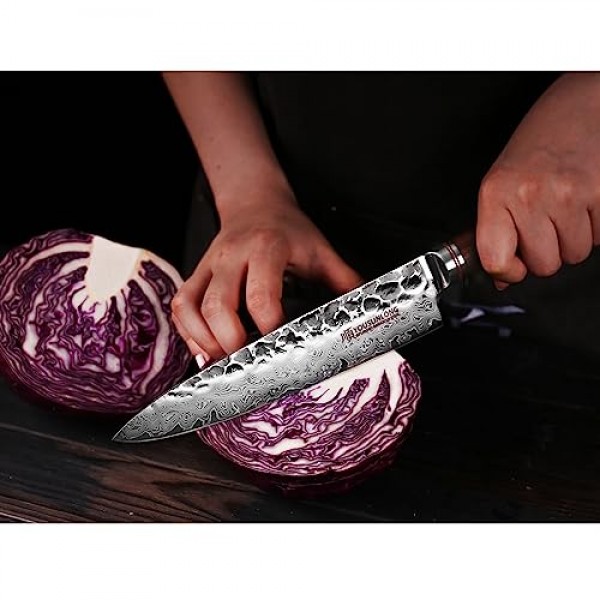 YOUSUNLONG 셰프 나이프 8인치 - 일본 해머드 다마스커스 강철 전문 주방 나이프 - 면도날 날카로운 - 가죽 칼집이 있는 미국 호두나무 손잡이