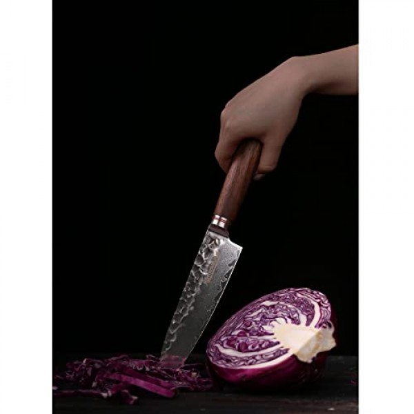 YOUSUNLONG 셰프 나이프 8인치 - 일본 해머드 다마스커스 강철 전문 주방 나이프 - 면도날 날카로운 - 가죽 칼집이 있는 미국 호두나무 손잡이