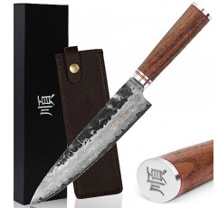 YOUSUNLONG 셰프 나이프 8인치 - 일본 해머드 다마스커스 강철 전문 주방 나이프 - 면도날 날카로운 - 가죽 칼집이 있는 미국 호두나무 손잡이