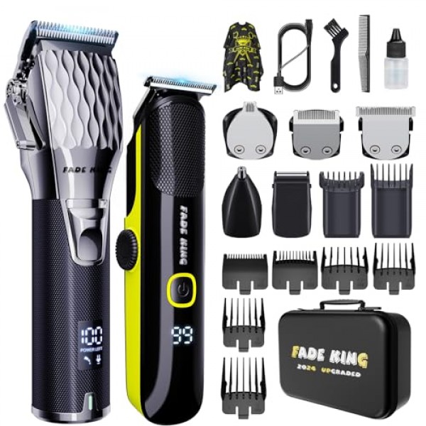 FADEKING® 남성용 전문 이발기 + 남성용 올인원 수염 트리머 IPX7 방수, 무선 이발기 및 트리머 세트