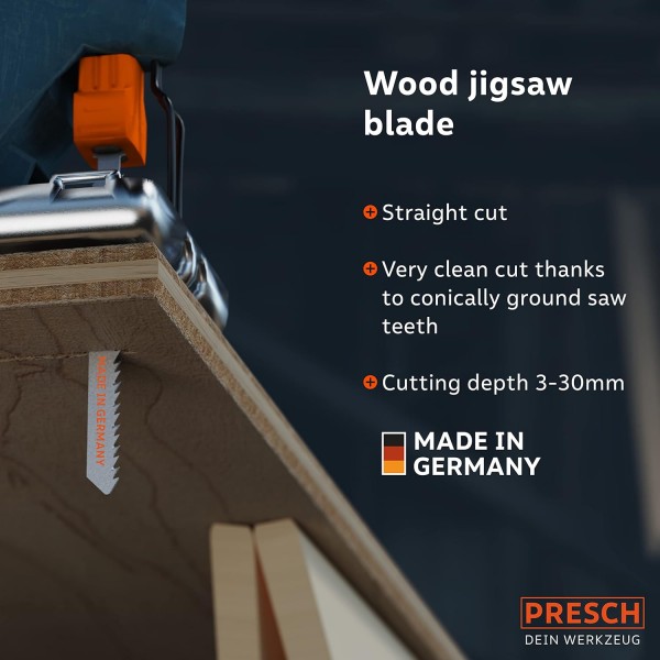 Presch 직소날 목재 10개 - 매우 깨끗하고 직선 절단(3-30mm) - 모든 직소용 내구성이 뛰어난 T자형 톱날 - 마분지 시트, 침엽수, MDF 등을 위한 톱날 - 미세 직소날