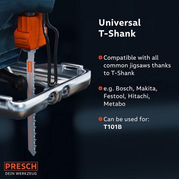 Presch 직소날 목재 10개 - 매우 깨끗하고 직선 절단(3-30mm) - 모든 직소용 내구성이 뛰어난 T자형 톱날 - 마분지 시트, 침엽수, MDF 등을 위한 톱날 - 미세 직소날