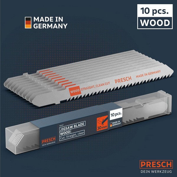 Presch 직소날 목재 10개 - 매우 깨끗하고 직선 절단(3-30mm) - 모든 직소용 내구성이 뛰어난 T자형 톱날 - 마분지 시트, 침엽수, MDF 등을 위한 톱날 - 미세 직소날