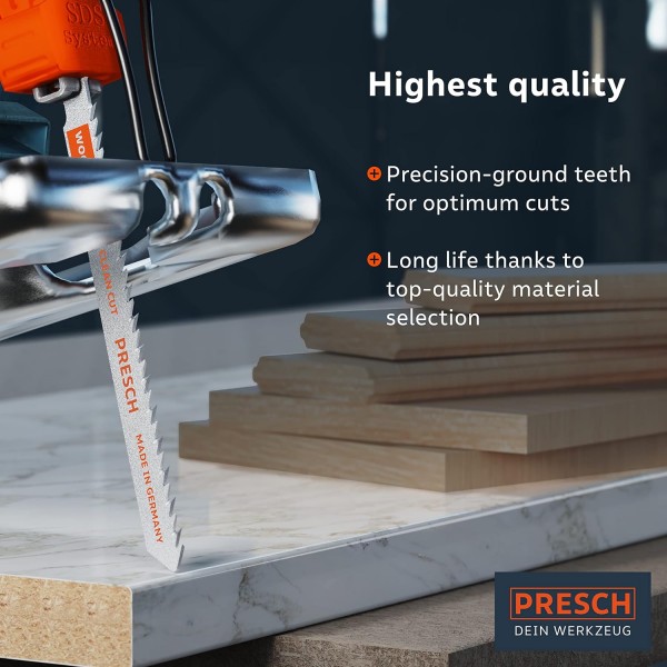 Presch 직소날 목재 10개 - 매우 깨끗하고 직선 절단(3-30mm) - 모든 직소용 내구성이 뛰어난 T자형 톱날 - 마분지 시트, 침엽수, MDF 등을 위한 톱날 - 미세 직소날