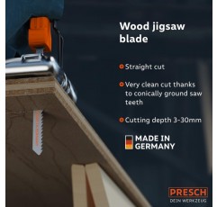 Presch 직소날 목재 10개 - 매우 깨끗하고 직선 절단(3-30mm) - 모든 직소용 내구성이 뛰어난 T자형 톱날 - 마분지 시트, 침엽수, MDF 등을 위한 톱날 - 미세 직소날