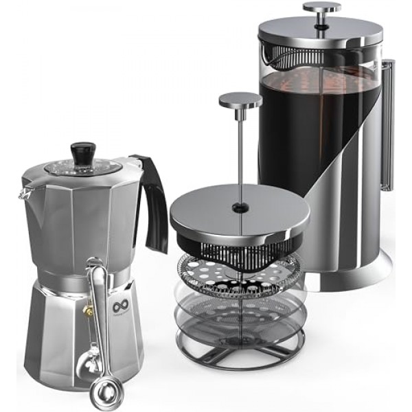 Cafe Du Chateau 프렌치 프레스 및 에스프레소 메이커 - 4단계 여과, BPA 프리 유리 및 투명한 뚜껑 광채로 커피 경험을 향상시킵니다. - 완벽한 커피 & 차 & 에스프레소