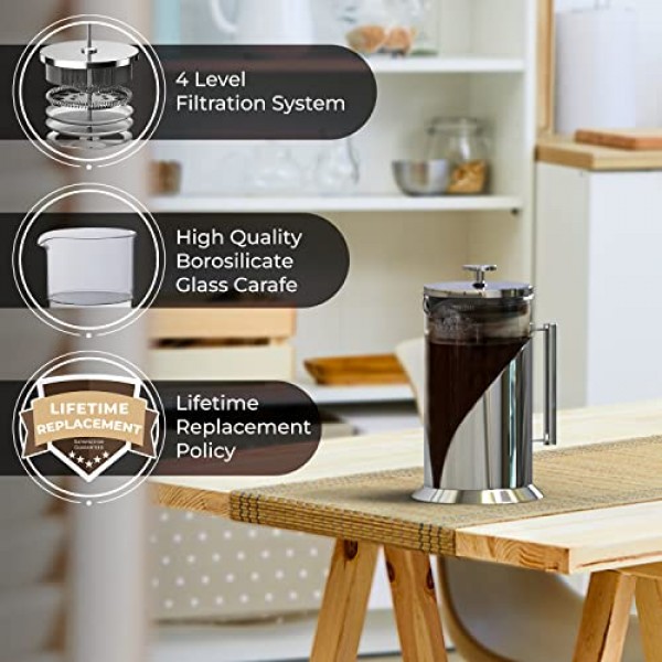 Cafe Du Chateau 프렌치 프레스 및 에스프레소 메이커 - 4단계 여과, BPA 프리 유리 및 투명한 뚜껑 광채로 커피 경험을 향상시킵니다. - 완벽한 커피 & 차 & 에스프레소