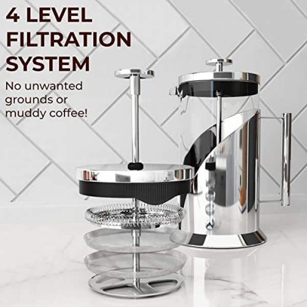 Cafe Du Chateau 프렌치 프레스 및 에스프레소 메이커 - 4단계 여과, BPA 프리 유리 및 투명한 뚜껑 광채로 커피 경험을 향상시킵니다. - 완벽한 커피 & 차 & 에스프레소