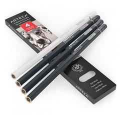 ARTEZA 숯 연필 세트, 검정색 연필 3개 – 소프트, 미디엄, 하드, 흰색 연필 1개 – 미디엄, 드로잉, 스케치 및 셰이딩용 미술 용품