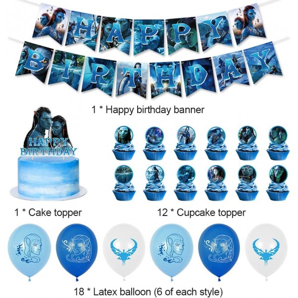 Ksopsdey 32 Pcs 아바타 생일 장식 영화 테마 파티 장식 케이크 토퍼 생일 배너 아바타 풍선 컵케익 Toppers 파티 장식 풍선