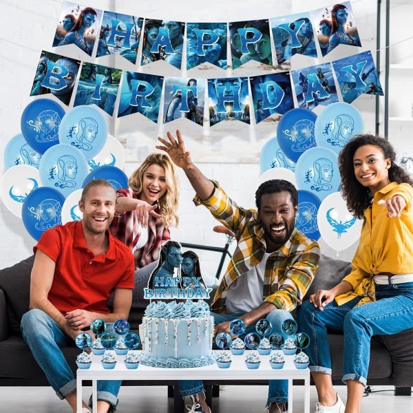 Ksopsdey 32 Pcs 아바타 생일 장식 영화 테마 파티 장식 케이크 토퍼 생일 배너 아바타 풍선 컵케익 Toppers 파티 장식 풍선