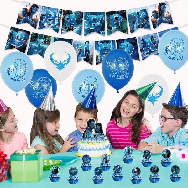 Ksopsdey 32 Pcs 아바타 생일 장식 영화 테마 파티 장식 케이크 토퍼 생일 배너 아바타 풍선 컵케익 Toppers 파티 장식 풍선