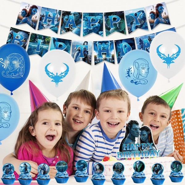 Ksopsdey 32 Pcs 아바타 생일 장식 영화 테마 파티 장식 케이크 토퍼 생일 배너 아바타 풍선 컵케익 Toppers 파티 장식 풍선
