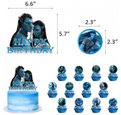 Ksopsdey 32 Pcs 아바타 생일 장식 영화 테마 파티 장식 케이크 토퍼 생일 배너 아바타 풍선 컵케익 Toppers 파티 장식 풍선