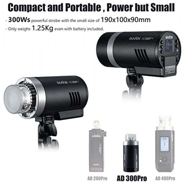 GODOX AD300Pro 야외 플래시 스트로브 모노라이트, 300Ws 2.4G TTL HSS 1/8000s 휴대용 플래시 스피드라이트(바이컬러 모델링 램프 및 사진 촬영용 충전식 리튬 배터리 포함) 야외