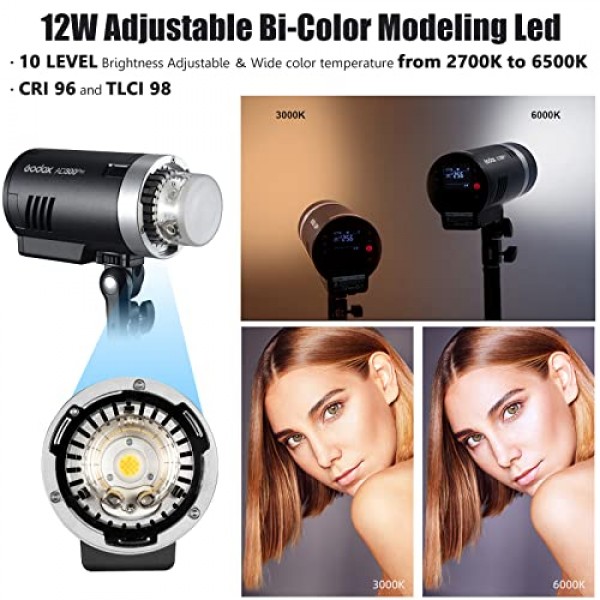 GODOX AD300Pro 야외 플래시 스트로브 모노라이트, 300Ws 2.4G TTL HSS 1/8000s 휴대용 플래시 스피드라이트(바이컬러 모델링 램프 및 사진 촬영용 충전식 리튬 배터리 포함) 야외