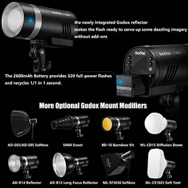 GODOX AD300Pro 야외 플래시 스트로브 모노라이트, 300Ws 2.4G TTL HSS 1/8000s 휴대용 플래시 스피드라이트(바이컬러 모델링 램프 및 사진 촬영용 충전식 리튬 배터리 포함) 야외