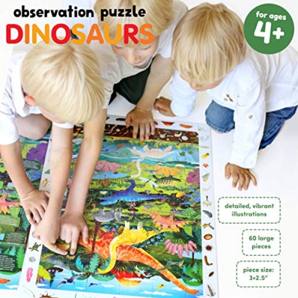 바나나 판다 공룡 퍼즐 - 4세 이상의 어린이를 위한 탐색 및 찾기 활동 및 교육 포스터가 포함된 대형 60피스 관찰 층 퍼즐