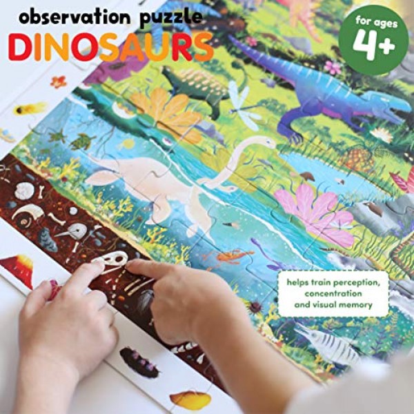 바나나 판다 공룡 퍼즐 - 4세 이상의 어린이를 위한 탐색 및 찾기 활동 및 교육 포스터가 포함된 대형 60피스 관찰 층 퍼즐